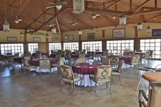 a large room with tables and chairs covered in purple tablecloths, windows and ceiling fans