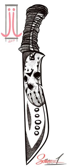 a black and white drawing of a knife with an evil face on it's blade