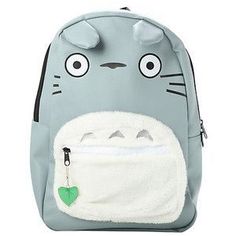 a backpack with a totoro face on the front and green heart at the bottom