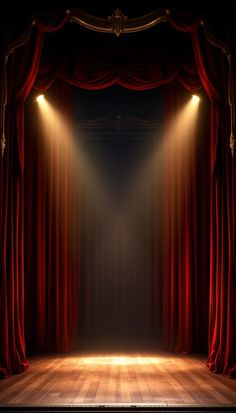 an empty stage with red curtains and lights