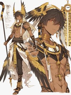 an anime character is dressed in gold and black with feathers on his head, standing next to another character