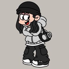 an image of a cartoon character with long black hair and white shirt holding a camera