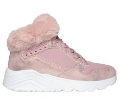 Sporty 'diva' style meets cozy comfort in Skechers Street Uno Lite - Comfurt Collar. This mid-top fashion sneaker features a durabuck upper with distressed metallic overylays, faux-fur collar trim, side-zipper with Adaptive Closure, and a Skechers Air-Cooled Memory Foam insole - all on a platform wedge midsole. | Skechers Girl's Uno Lite - Comfurt Collar Boots | Medium Width | Skechers easy on, easy off Adaptive Closure for a customized fit | Skechers Air-Cooled Memory Foam cushioned comfort ins Pink Lace-up Chunky Sneakers With Boost Midsole, Pink High-top Platform Sneakers With Cushioned Footbed, Sketchers Dlites, Skechers Boots Woman Winter Discontinued, Skechers Kids, Mid Top, Girls Shoes Kids, 2 Inch Heels, Wide Shoes