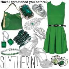 there is a green dress and accessories on this page with the words, have i threatened you before? slytherin