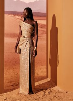 Asymmetrical camel sequined dress with flattering drapes around the waist, and high slit to mark the walk.

#TonyWard #FW24 #RTW #FallWinter #SafariSunset Sequined Dress, Elegant Dresses For Women, The Walk