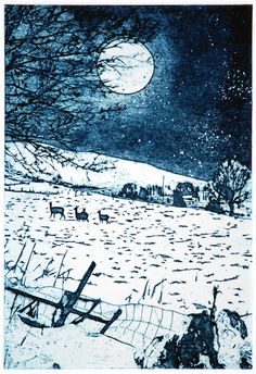 a drawing of sheep grazing in the snow under a full moon and stars above them