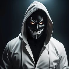 a man wearing a white hoodie with an evil face and glowing eyes in the dark