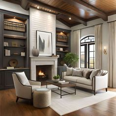 a living room filled with furniture and a fire place in the middle of a room