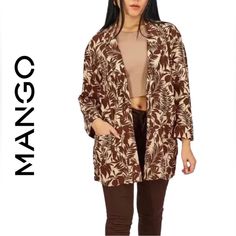 Mango Linen Blend Caramel/Brown Leaf Print Open Front Side Pockets Oversized Jacket Size Xxs Nwt Linen Blend Color: Caramel/Brown Leaf Print Open Front Side Pockets Very(!!) Oversized , Could Easily Fit Up To Size Medium Jacket Size Xxs . Oversized!!! Ptp 19” Sleeve 18.5” Length 30” Nwt Oversized Brown Outerwear, Trendy Brown Blazer For Fall, Trendy Brown Outerwear With Pockets, Casual Brown Oversized Outerwear, Trendy Brown Long Sleeve Outerwear, Casual Brown Blazer For Fall, Brown Fall Outerwear For Day Out, Brown Oversized Casual Blazer, Oversized Brown Casual Blazer