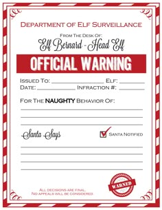 the official warning certificate for santa's elfs is shown in red and white