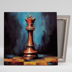 a painting of a golden chess piece on a checkered floor