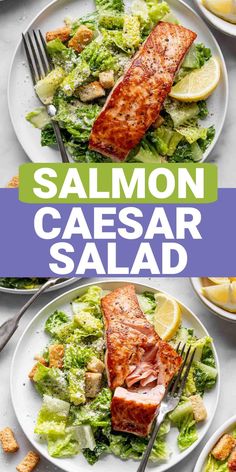 salmon caesar salad with lemon wedges on the side