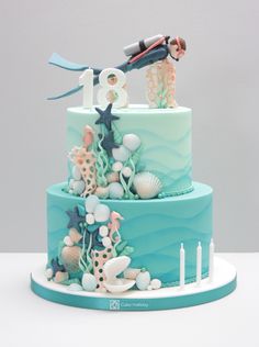 adult ocean cake theme - Google Search Ocean Theme Cake, Scuba Cake, Cake Under The Sea, Ocean Birthday Cakes, Turquoise Cake, Beach Themed Cakes, Ocean Cakes, Cakes To Make, Mermaid Birthday Cakes