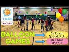 a group of people standing on top of a basketball court with balloons in the air