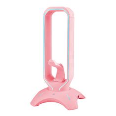 a pink computer stand with a light on it