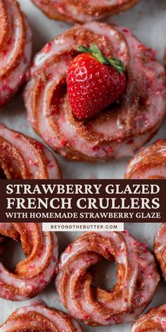 Images of freshly made strawberry glazed french crullers from BeyondtheButter.com | © Beyond the Butter® Homemade Strawberry Glaze, Paper Mache Moon, Giant Paper Mache, Yummy Food Recipes, French Crullers, Strawberry Sugar, Homemade Donuts Recipe, Strawberry Glaze, Dessert Aux Fruits