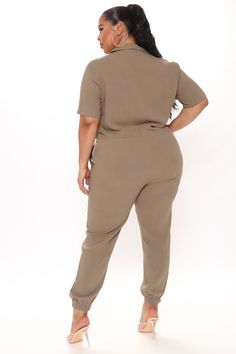 Available In Khaki And Olive. Jumpsuit Button Front Drawstring Waist Jogger Bottom Pockets Short Sleeve 70% Viscose 30% Linen Imported | Surviving Summer Jumpsuit in Olive Green size X-Small by Fashion Nova Surviving Summer, Olive Jumpsuit, Olive Fashion, Summer Jumpsuit, Jumpsuit Summer, Review Fashion, Loungewear Women, Plus Size Models, Womens Loungewear