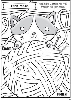 a coloring page with an image of a cat sleeping in a ball of yarn and the words, yarn maze