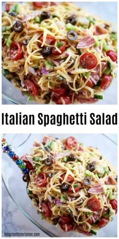 spaghetti salad with tomatoes, olives and other toppings