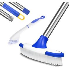 two brooms and three cleaning brushes on a white background