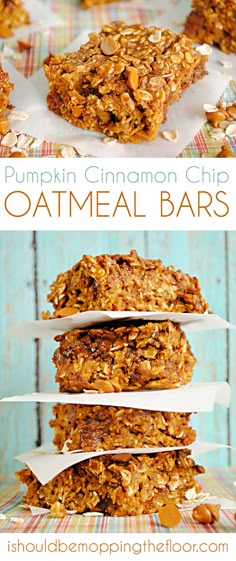 pumpkin cinnamon chip oatmeal bars are stacked on top of each other and ready to be eaten