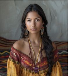 a woman with long black hair wearing earrings and a yellow dress sitting on a bed