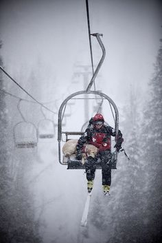 a person riding a ski lift with a dog on their lap and snow falling all around