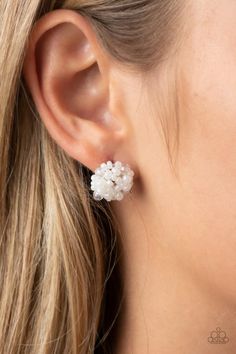 The front of a dainty silver frame is embellished in pearly white seed beads and white crystal-like accents, creating a bubbly pop of color. Earring attaches to a standard post fitting.

 Sold as one pair of post earrings. Paparazzi Accessories, Affordable Jewelry, Paparazzi Jewelry, White Earrings, Pink Earrings, Seed Bead Earrings, White Crystal, Pink Crystal, Silver Frame