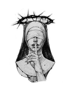 a black and white drawing of a nun holding her finger to her mouth with a crown on top of her head