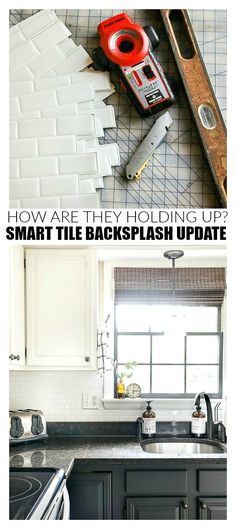 the before and after shots of a kitchen remodel with tile backsplash