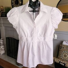 Nwt Worthington Sz 6p 6 Petite White Striped Blouse New With Tags Bust Is 32 Inches Length Is 26 Inches Purple (Mauve) Stripes 53% Polyester / 44% Cotton / 3% Spandex White Fitted Feminine Shirt, Fitted Feminine White Shirt, Purple Mauve, Petite Blouses, Blue Striped Top, Floral Print Tunic, Multi Color Blouse, White Sleeveless Blouse, Blue Checkered