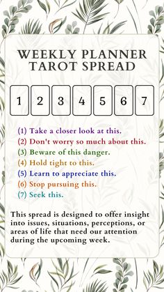 the weekly planner for tarot spread is shown in green and white with leaves on it