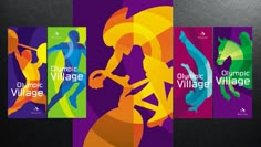 an image of a poster with the words olympic village on it's front and back sides