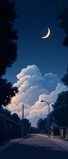 a night scene with the moon and clouds in the sky over an empty street lined with houses