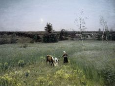 a painting of two people in a field with horses