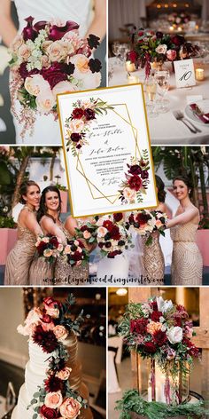 a collage of photos showing different types of flowers and greenery on the table