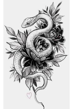 a drawing of a snake and flowers on a white background