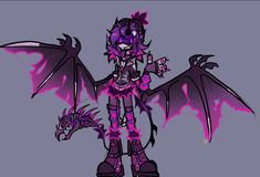 a drawing of a purple dragon with black wings