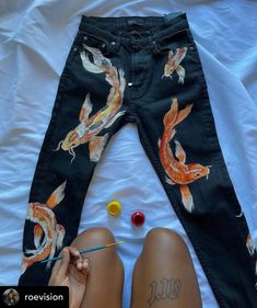 Koi Fish Designs, Diy Denim Jacket, Upcycle Clothes Diy, Diy Jacket