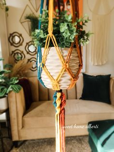 a plant hanging from a rope in a living room with couches and potted plants