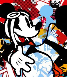 a mickey mouse painting is shown with many colors and shapes in the background as well as black, white, red, blue, yellow