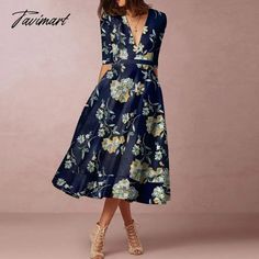 Tavimart Europe And The United States In Summer New Women’s Fashion Printing V - Neck Dresses Navy V-neck Spring Dress, Navy V-neck Dress For Spring, Long Evening Dresses Elegant, Low Waisted Pants, Harajuku Grunge, Cargo Pants Streetwear, Gowns Of Elegance, Evening Dresses Elegant, Dresses Women