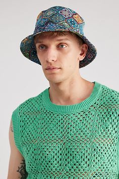 Jacquard bucket hat in a classic silhouette with an allover pattern. Features Jacquard bucket hat Allover pattern Stitched brim Content + Care 100% Cotton Spot clean Imported Size Circumference: 22" | Jacquard Bucket Hat in Blue Combo, Men's at Urban Outfitters Men's Shoes Accessories, Allover Pattern, Women Men Shoes, Brand Sale, Classic Silhouette, New Woman, Color Coding, Bucket Hat, Accessories Hats