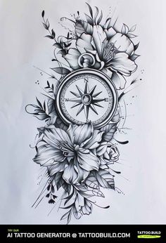 a tattoo design with flowers and a compass