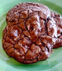 two chocolate cookies sitting on top of a green plate covered in melted chocolate icing