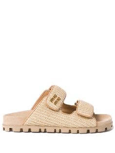 sand beige cotton blend woven raffia design gold-tone logo plaque touch-strap fastening slip-on style leather lining ridged rubber sole