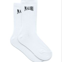 Get Comfort And Style In The New Malibu Destination Crew Socks. These Classic Crew Socks Are Adorned With A Soft Ribbed Fabrication And A Malibu Jacquard Graphic At The Ankle. Onesize, White/Black. *Solid Color Crew Socks *Soft Ribbed Knit Fabric *Custom Jacquard Graphic *One Size Fits Most Comfortable White Socks With Letter Print, Casual Summer Streetwear Socks, Black Solid Color, Color Crew, Black Solid, Pacsun, Crew Socks, Hosiery, Knitted Fabric