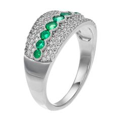 Embellished with a row of lab-created emeralds surrounded by dazzling white sapphire stones, this sterling silver ring is absolutely captivating. Embellished with a row of lab-created emeralds surrounded by dazzling white sapphire stones, this sterling silver ring is absolutely captivating. RING DETAILS Width: 0.41 in. Metal: sterling silver Finish: polishedSTONE DETAILS Stone type: lab-created emerald, lab-created white sapphire Total weight: 3/4 ct. Shape: round Color: green, white Setting: be Green Diamond Channel Set Rings, Silver Emerald Cut Ring With Pave Setting, Classic Silver Emerald Ring With Pave Setting, Green Emerald Ring With Pave Setting For Anniversary, May Birthstone Emerald Ring With Pave Setting, Green Emerald Ring With Pave Setting For May Birthstone, Fine Jewelry Green Channel Set Ring, Silver Emerald Ring With Pave Setting, Silver Emerald Ring With Diamond Accents