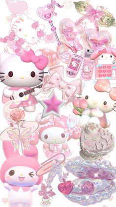 a bunch of hello kitty stickers are in the air with pink and white decorations