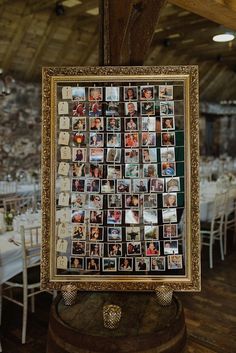 a collage of photos is displayed in a gold frame on top of a table